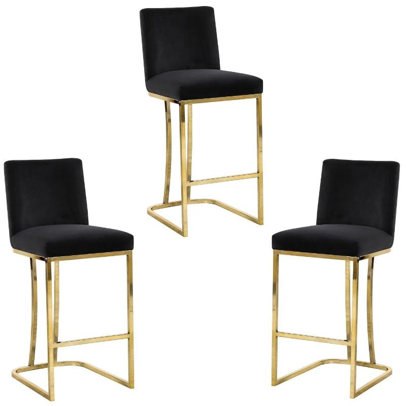 Home Square 3 Piece Gold Metal Base Velvet Counter Height Stool Set in Black