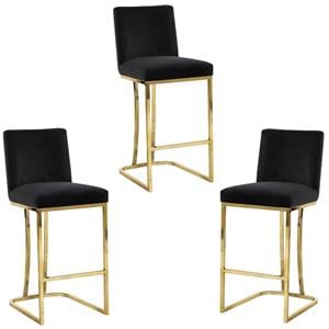 Home Square 3 Piece Gold Metal Base Velvet Counter Height Stool Set in Black