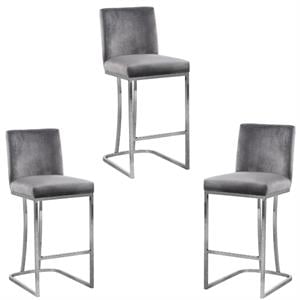 Home Square 3 Piece Silver Metal Base Velvet Counter Height Stool Set in Gray