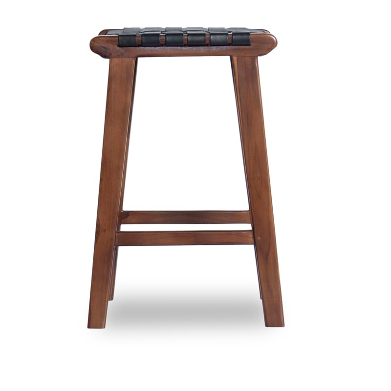 Home Square 2 Piece Saddle Woven Leather Counter Stool Set in Black