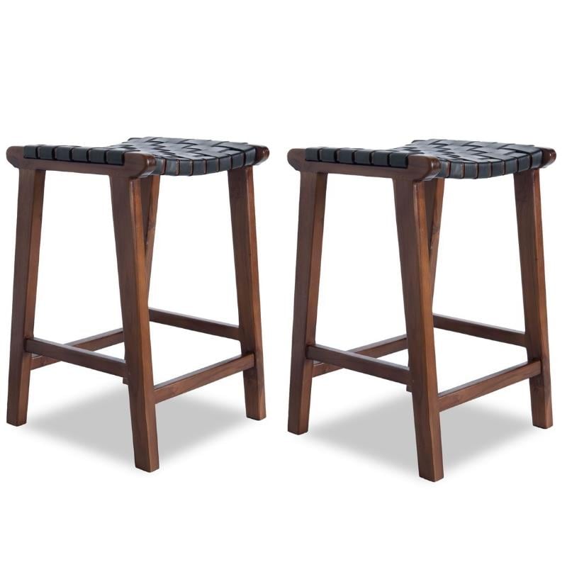Home Square 2 Piece Saddle Woven Leather Counter Stool Set in Black