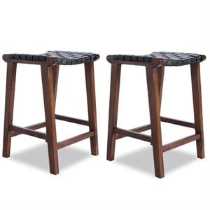 Home Square 2 Piece Saddle Woven Leather Counter Stool Set in Black