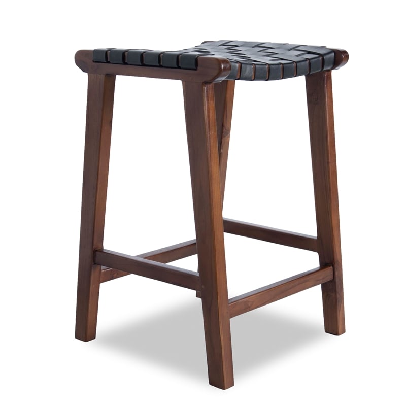 Home Square 3 Piece Saddle Woven Leather Counter Stool Set in Black