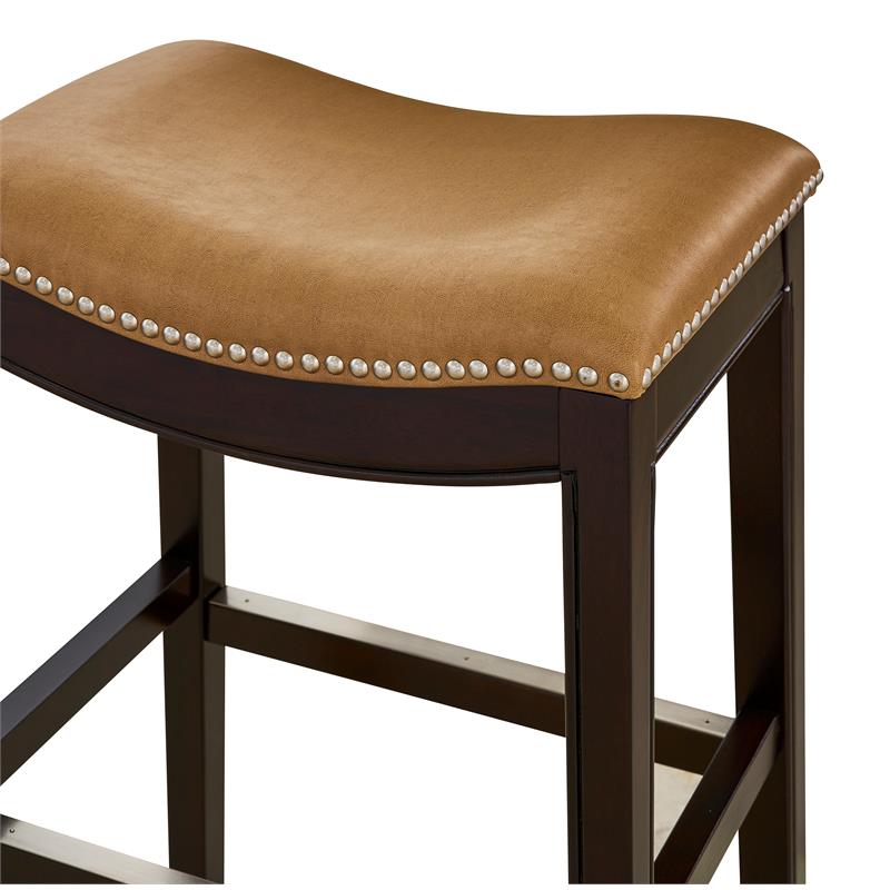 Home Square 2 Piece Saddle Faux Leather and Wood Barstool Set in Tan/Espresso