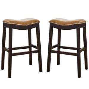 Home Square 2 Piece Saddle Faux Leather and Wood Barstool Set in Tan/Espresso