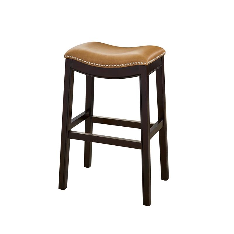 Home Square 3 Piece Saddle Faux Leather and Wood Barstool Set in Tan/Espresso