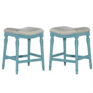 Home Square 2 Piece Saddle Polyester Upholstery Wood Counter Stool Set in Blue