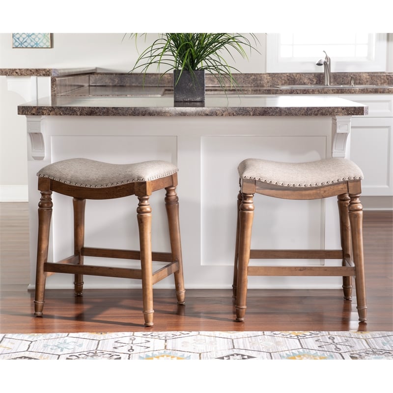 Home Square 3 Piece Saddle Polyester Upholstery Wood Counter Stool Set in Brown