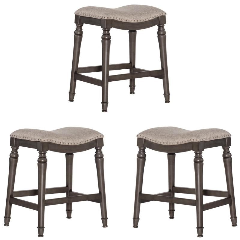 Home Square 3 Piece Saddle Polyester Upholstery Wood Counter Stool Set in Gray