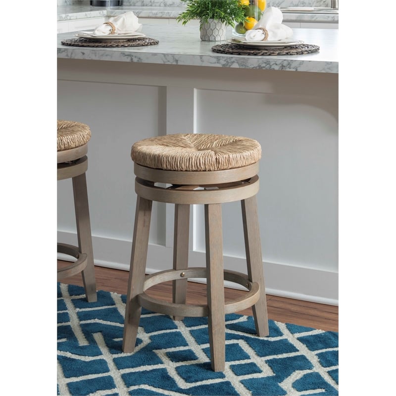 Home Square 2 Piece Solid Wood Swivel Rush Counter Stool Set in Natural Brown