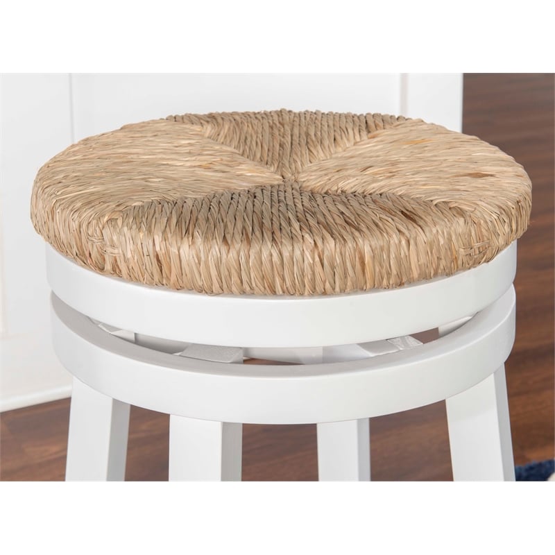 Home Square 2 Piece Swivel Rush Wood Counter Stool Set in White
