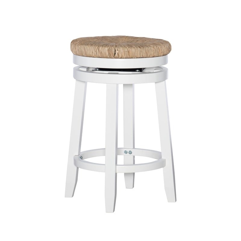 Home Square 3 Piece Swivel Rush Wood Counter Stool Set in White