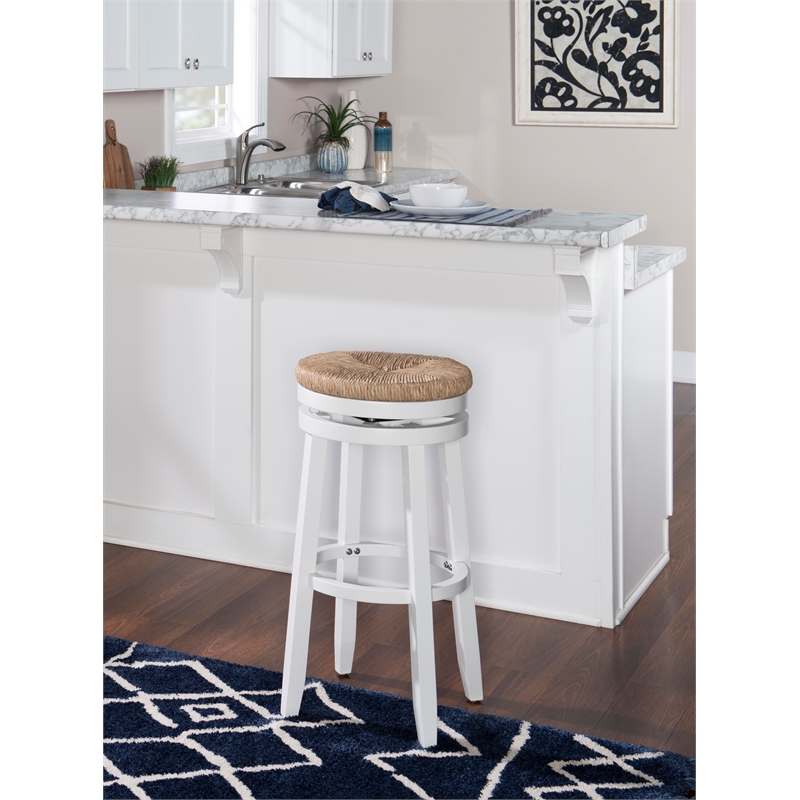 Home Square 2 Piece Swivel Solid Wood Rush Bar Stool Set in White