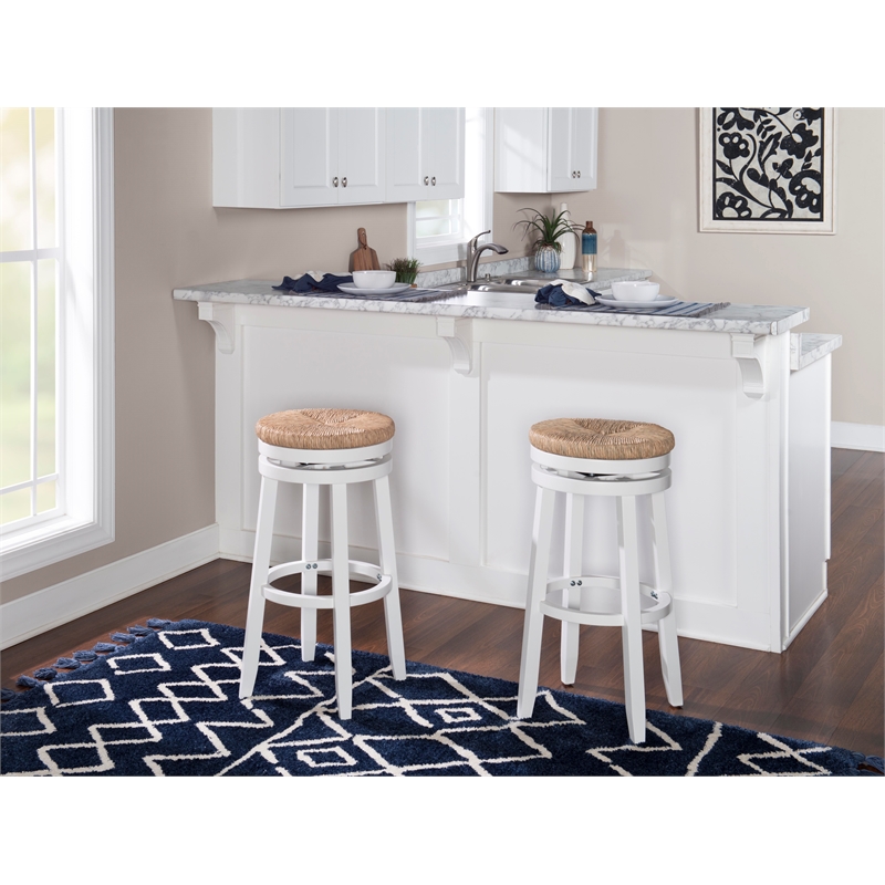 Home Square 2 Piece Swivel Solid Wood Rush Bar Stool Set in White