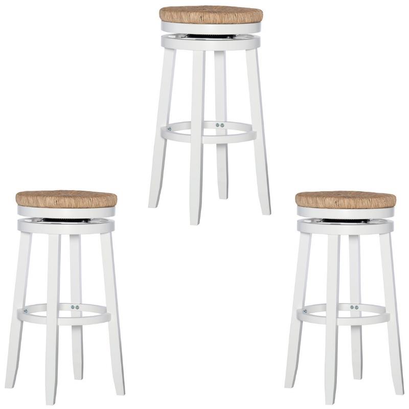 Home Square 3 Piece Swivel Solid Wood Rush Bar Stool Set in White