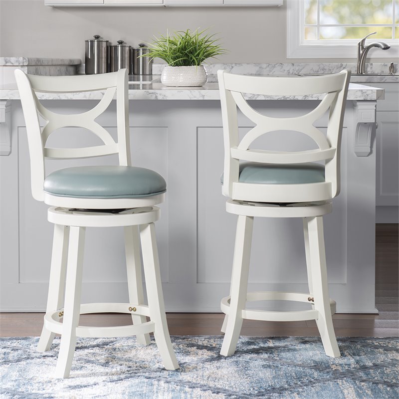 Home Square 2 Piece Swivel Wood Counter Stool Set with PU Seat in Cream