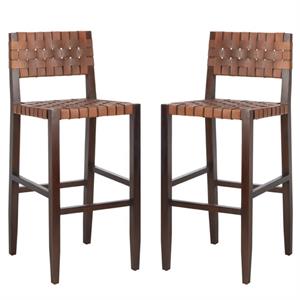 Home Square 2 Piece 31&quot Height Leather Bar Stool Set in Cognac and Walnut