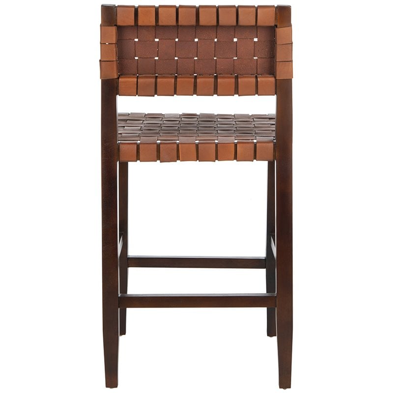 Home Square 2 Piece Leather Counter Stool Set in Cognac and Walnut