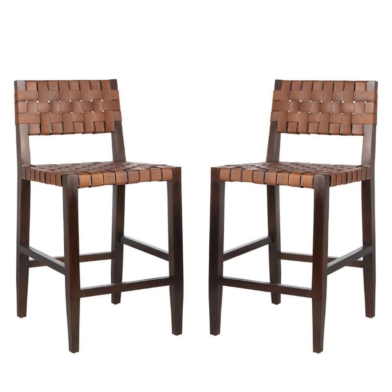 Home Square 2 Piece Leather Counter Stool Set in Cognac and Walnut