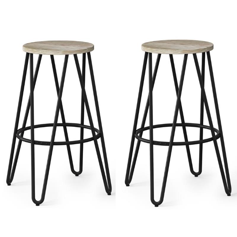 Home Square 2 Piece Industrial Round Wood Top Barstool Set in Natural and Black