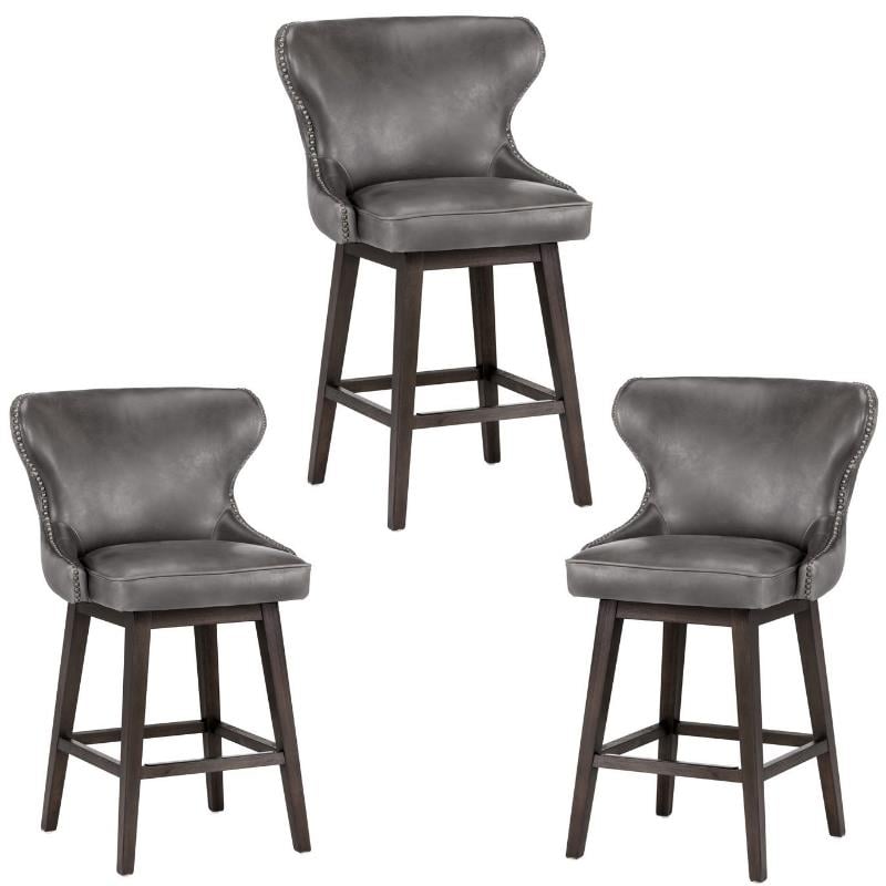 Home Square 3 Piece Transitional Faux Leather Swivel Counter Stool Set in Gray
