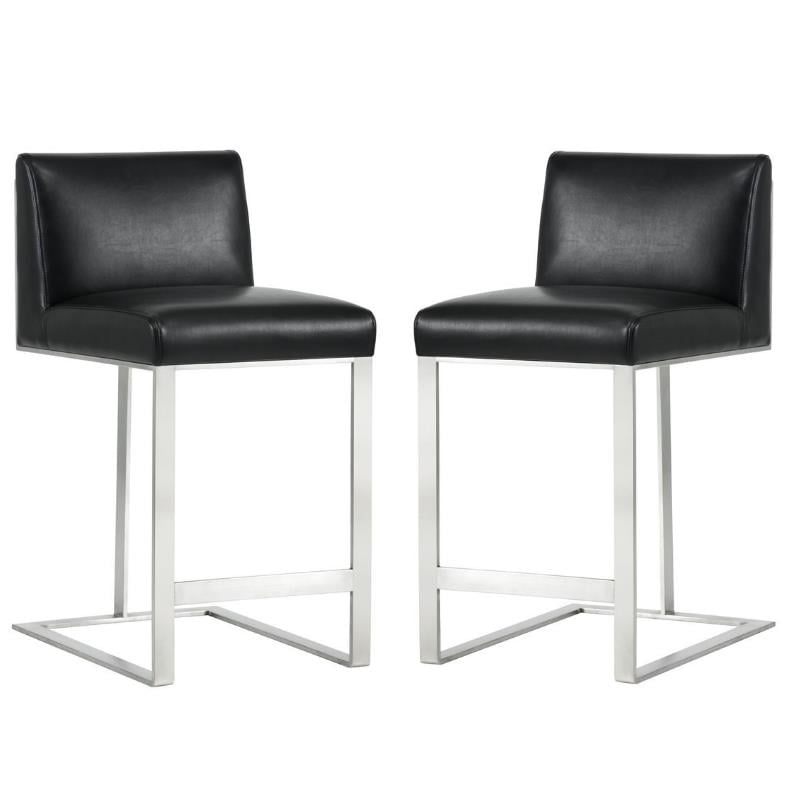 Home Square 2 Piece Metal Base Bonded Leather Counter Stool Set in Black/Gray