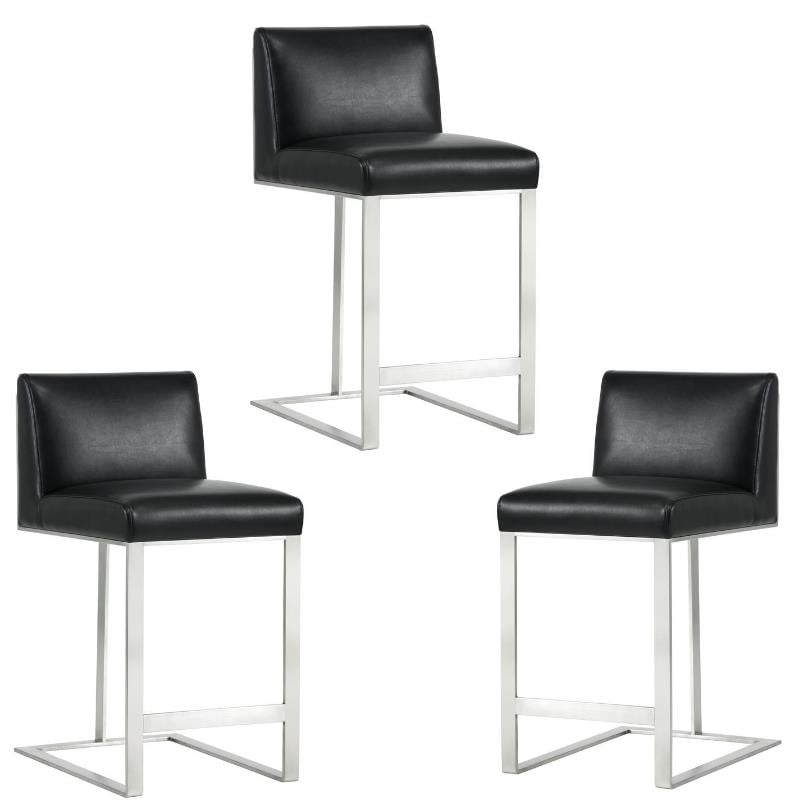 Home Square 3 Piece Metal Base Bonded Leather Counter Stool Set in Black/Gray