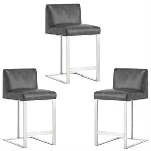 Home Square 3 Piece Metal Base Bonded Leather Counter Stool Set in Gray/White