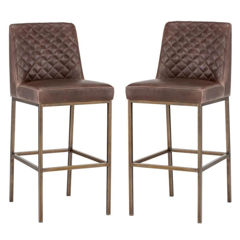 Home Square 2 Piece Transitional Faux Leather Barstool Set in Brown/Brass