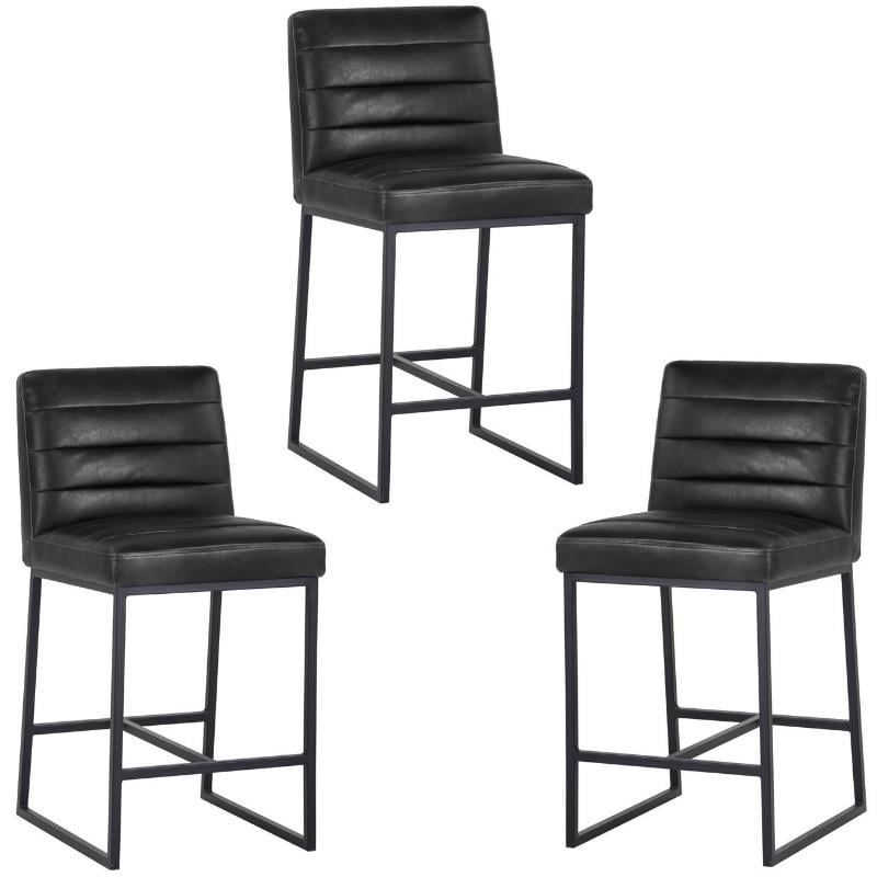 Home Square 3 Piece Modern Faux Leather Counter Stool Set in Coal Black