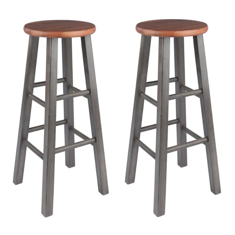 Home Square 2 Piece Transitional Solid Wood Barstool Set in Rustic Teak and Gray