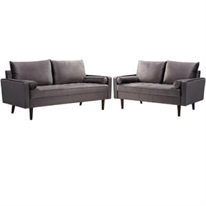 Home Square Genoa 2 Piece Set with Velvet Living Room Sofa and Loveseat in Gray