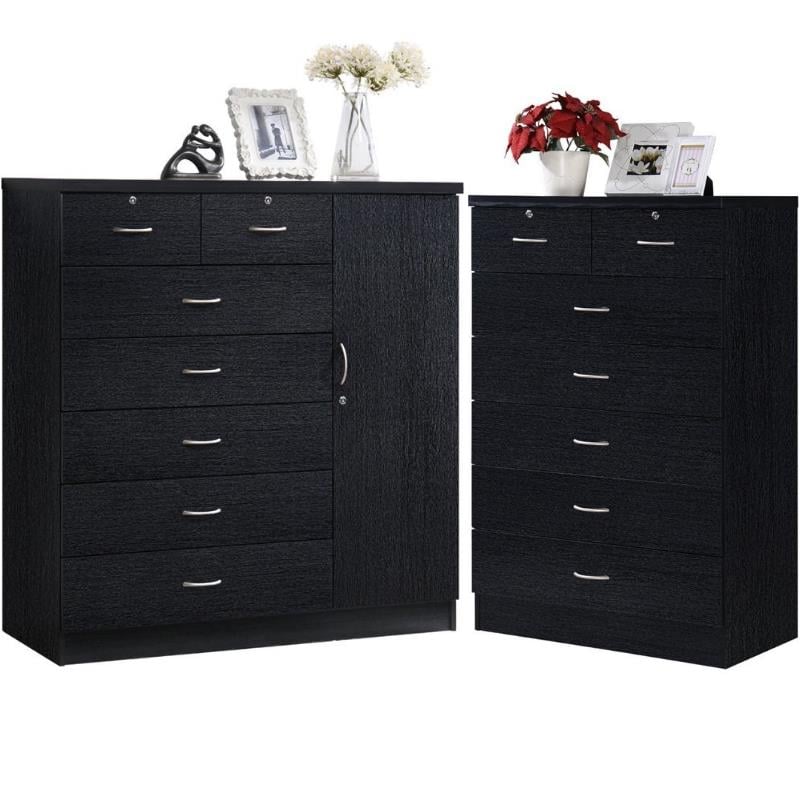 Home Square Hodedah 2 Piece 7 Drawer Wood Chest Set with Locks in Black