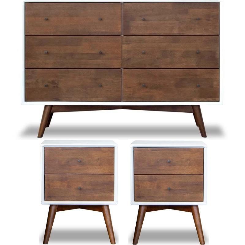 Home Square 3 Piece Solid Wood Bedroom Dresser & Nightstand Set in Walnut/White