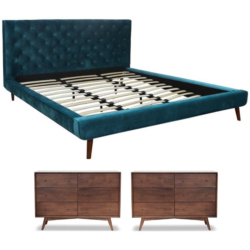 Home Square 3 Piece Set with Queen Platform Bed and 2 Wood Dressers