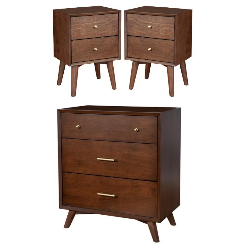 Home Square 3 Piece Set with Nightstand and 3-Drawer Accent Chest in Walnut