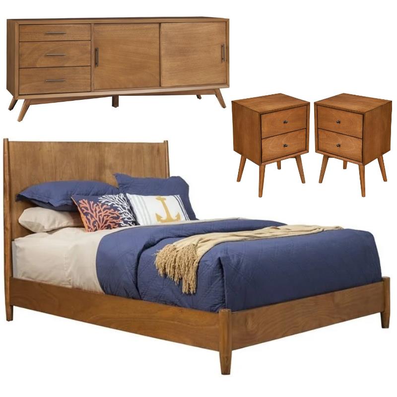 Home Square 4 Piece Set with TV Console Queen Wood Panel Bed & Nightstand