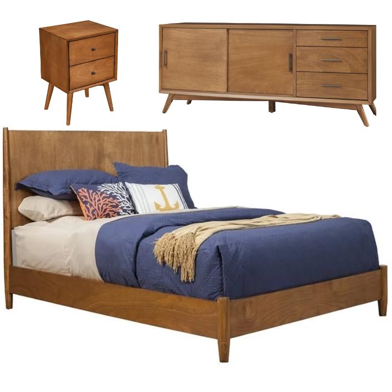 Home Square 3 Piece Set with TV Console Queen Wood Panel Bed & Nightstand