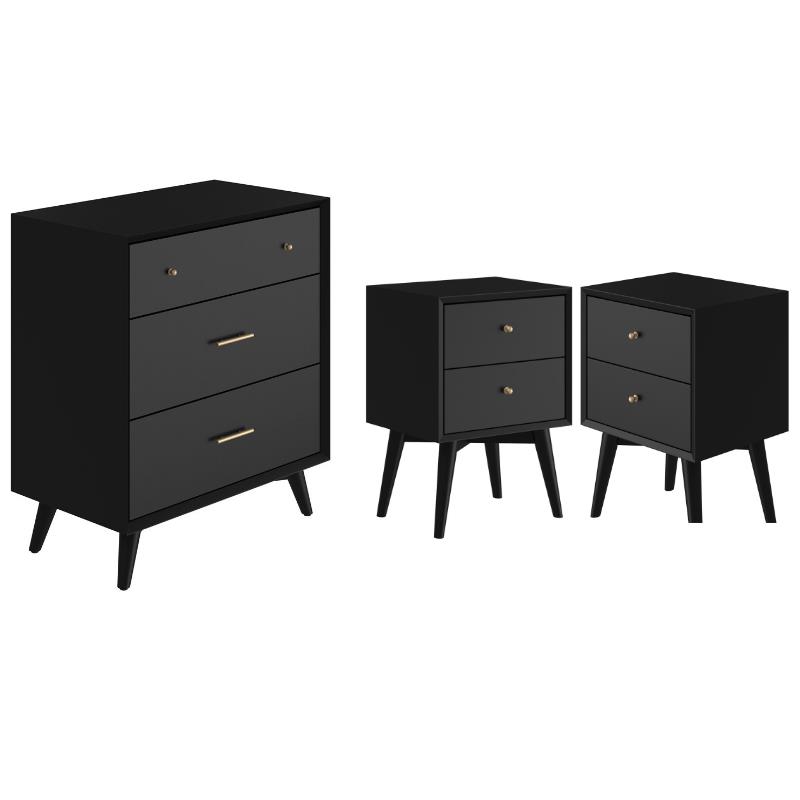 Home Square 3 Piece Set with 2-Drawer Nightstand & 3-Drawer Small Chest in Black