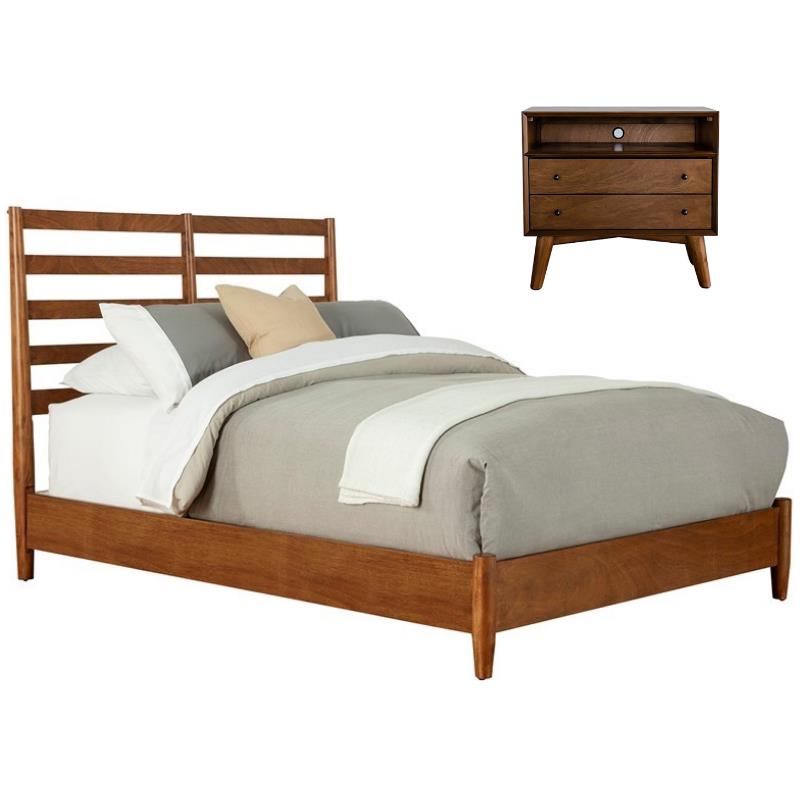 Home Square 2 Piece Set with Full Wood Bed and 2-Drawer Nightstand in Acorn