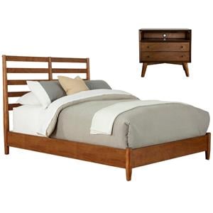 Home Square 2 Piece Set with Full Wood Bed and 2-Drawer Nightstand in Acorn