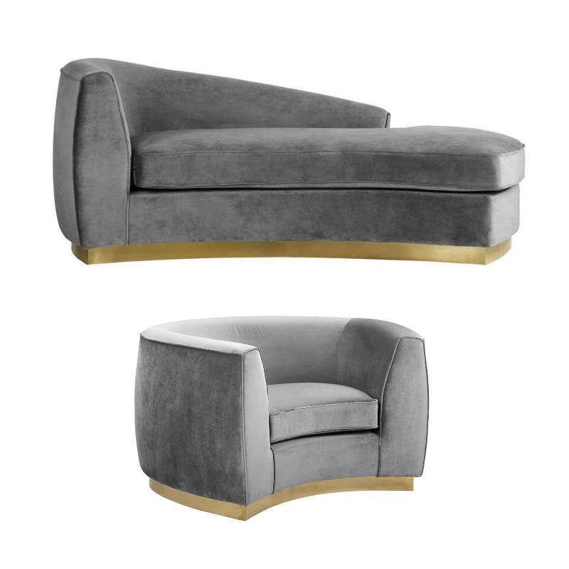 Home Square 2-Piece Set with Velvet Accent Chair and Chaise in Gray and Gold