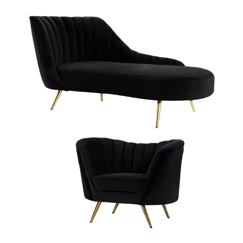 Home Square 2-Piece Set with Velvet Accent Chair and Chaise in Black and Gold