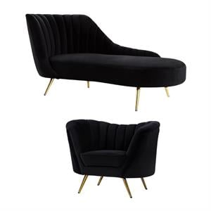 Home Square 2-Piece Set with Velvet Accent Chair and Chaise in Black and Gold