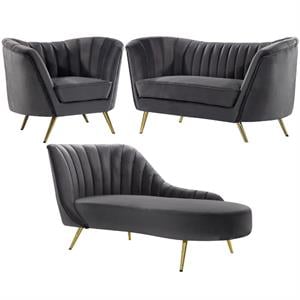Home Square 3-Piece Set with Accent Chair Chaise and Loveseat in Gray and Gold