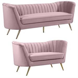 Home Square 2-Piece Set with Contemporary Velvet Loveseat and Sofa in Pink