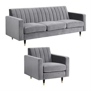 Home Square 2-Piece Set with Velvet Accent Chair & Contemporary Sofa in Gray
