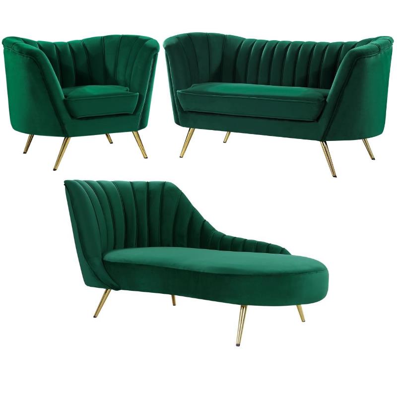 Home Square 3-Piece Set with Accent Chair Chaise and Loveseat in Green and Gold