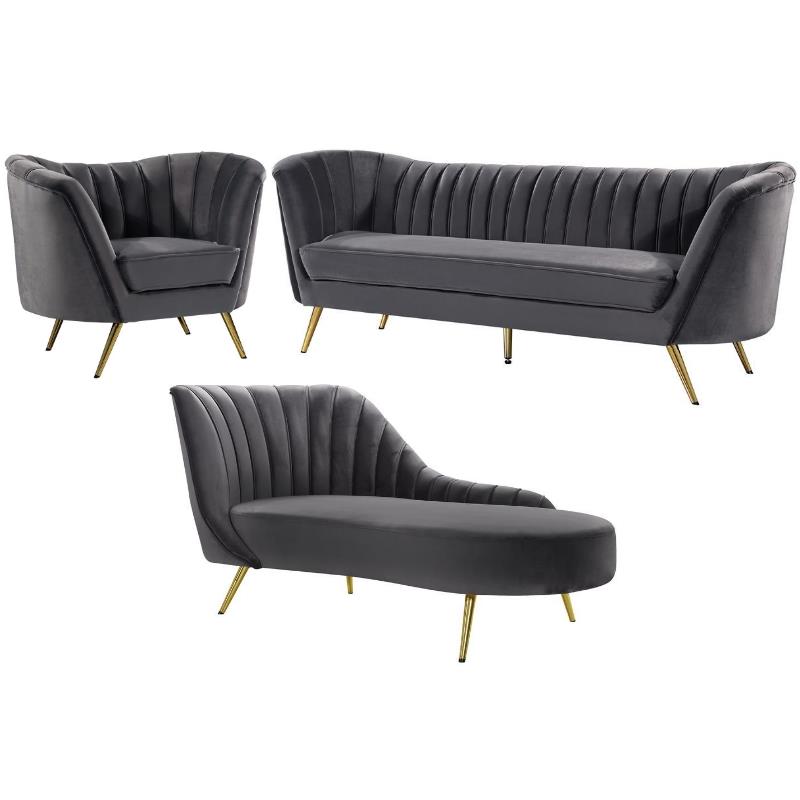 Home Square 3-Piece Set with Velvet Accent Chair Chaise & Sofa in Gray and Gold