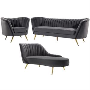 Home Square 3-Piece Set with Velvet Accent Chair Chaise & Sofa in Gray and Gold